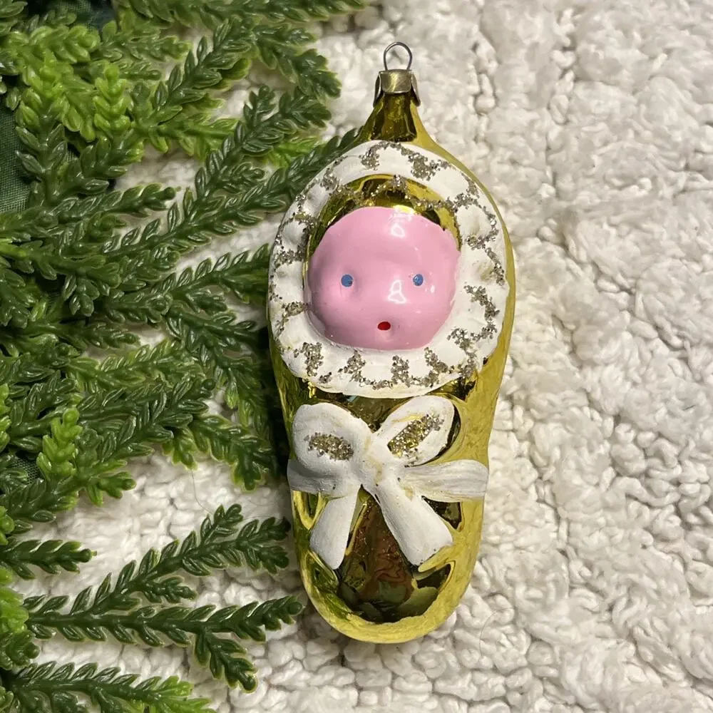 Vintage Hand Blown Glass Baby Swaddled in Blanket Bow Gold Christmas Ornament